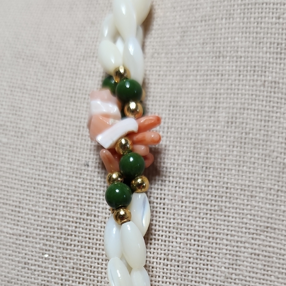 Genuine Rice Pearl, Green Jade, And Pink Spiny Oyster Shell Necklace - Picture 6 of 10